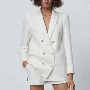 ZARA White Bouclé Double Breasted Blazer Gold Buttons Textured Jacket Women’s S